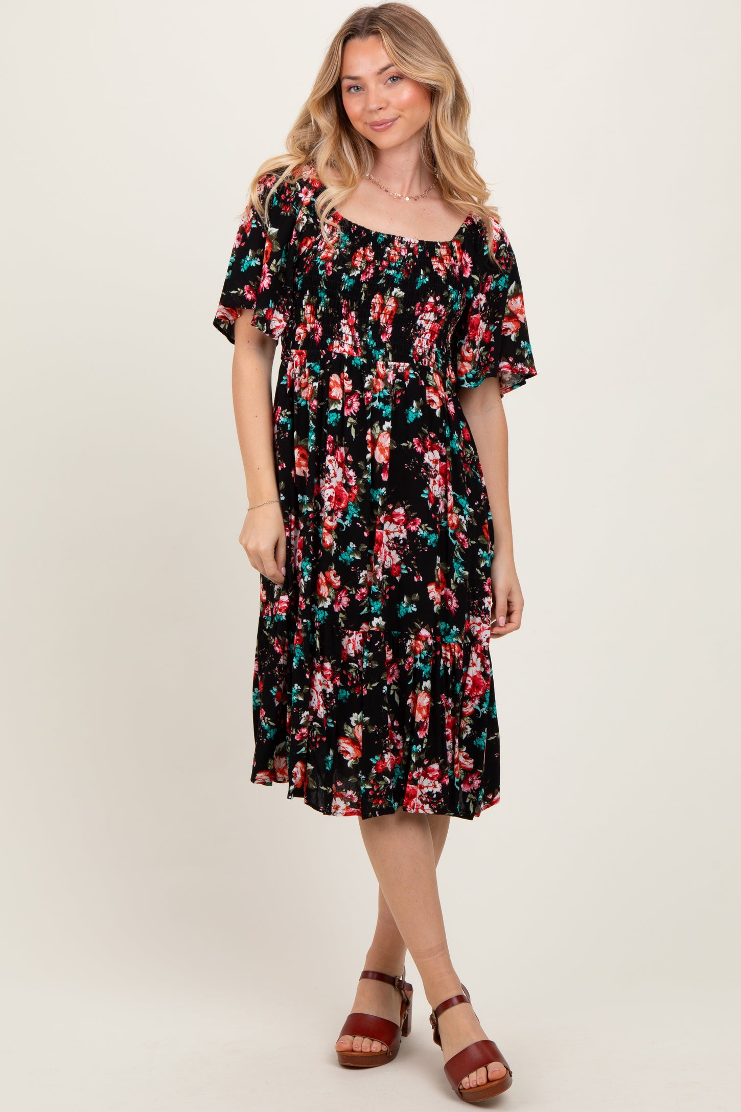 Black Floral Smocked Maternity Midi Dress