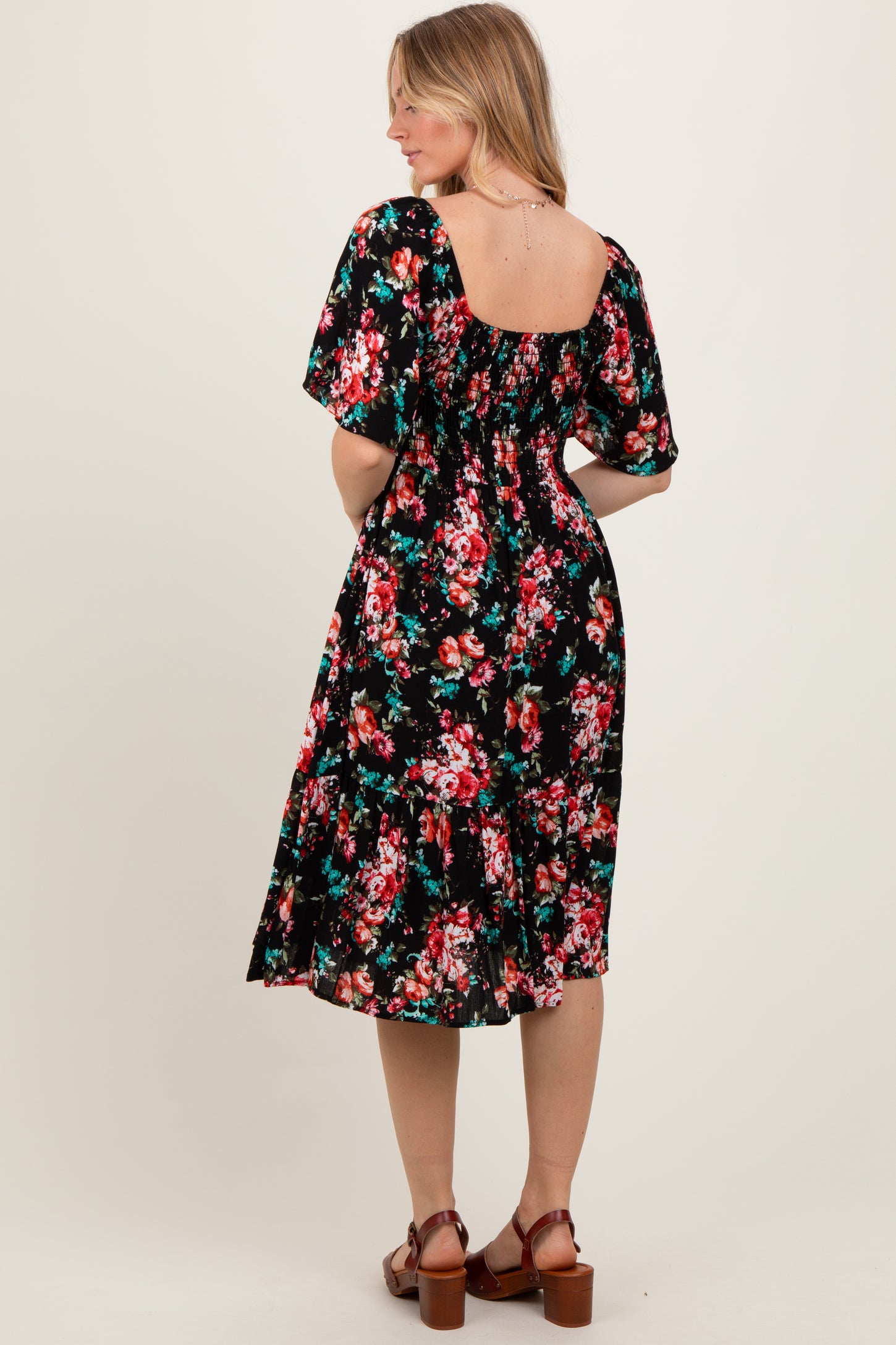 Black Floral Smocked Midi Dress