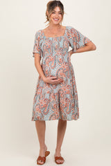 Light Blue Paisley Floral Smocked Maternity Midi Dress