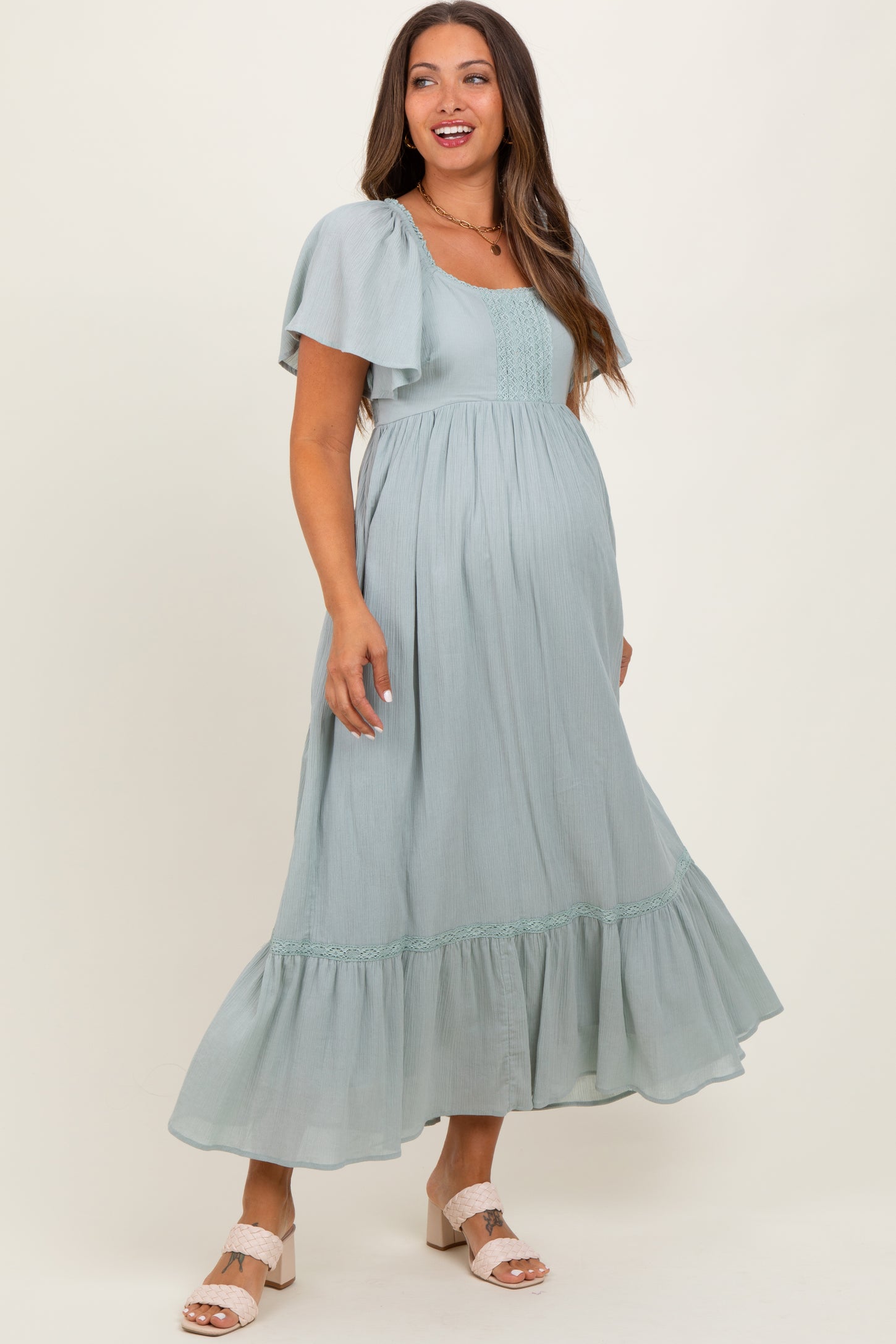 Sage Lace Square Neck Maternity Maxi Dress
