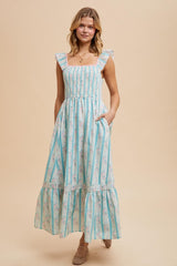 Light Blue Striped Vintage Floral Smocked Maxi Dress