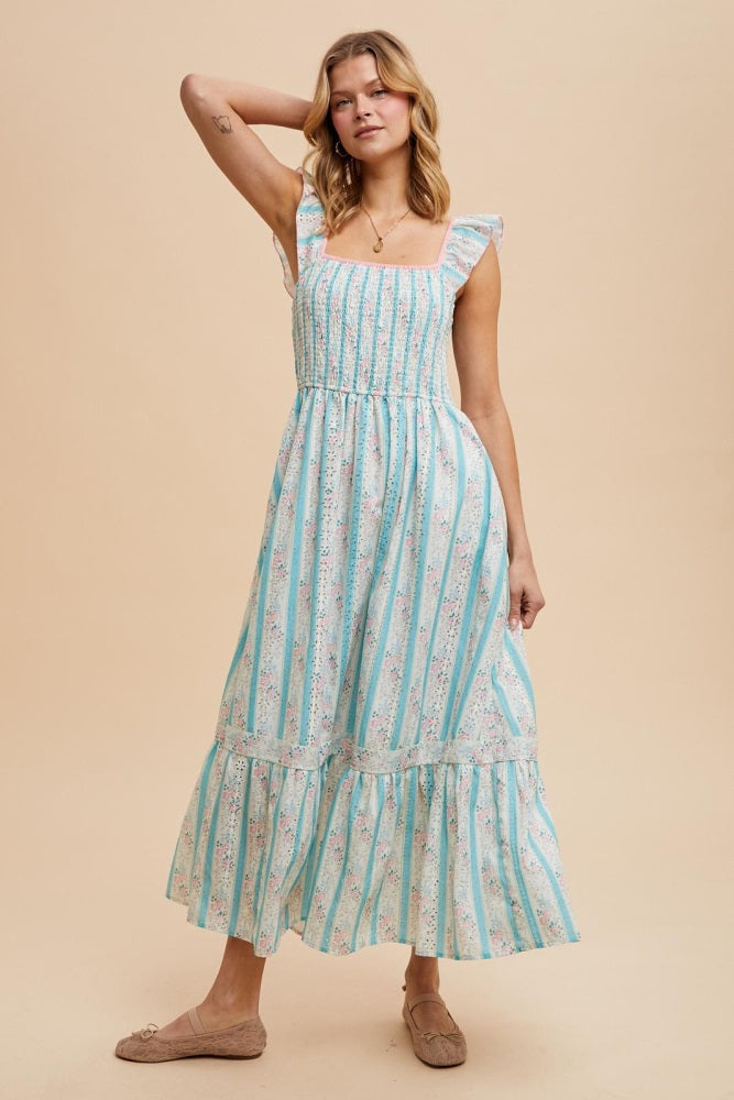 Light Blue Striped Vintage Floral Smocked Maxi Dress