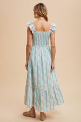 Light Blue Striped Vintage Floral Smocked Maxi Dress