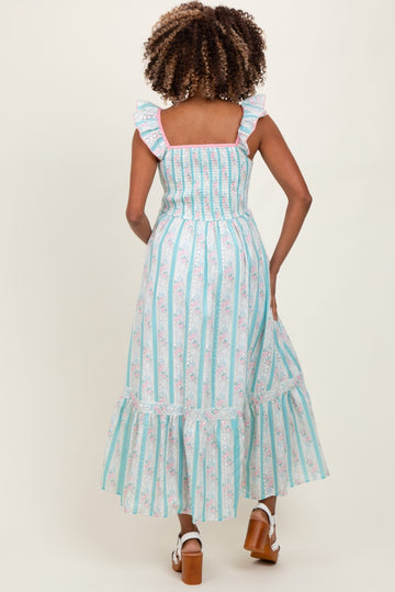 Light Blue Striped Vintage Floral Smocked Maternity Maxi Dress