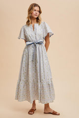 Blue Floral Flutter Sleeve Waist Tie Maternity Maxi Dress