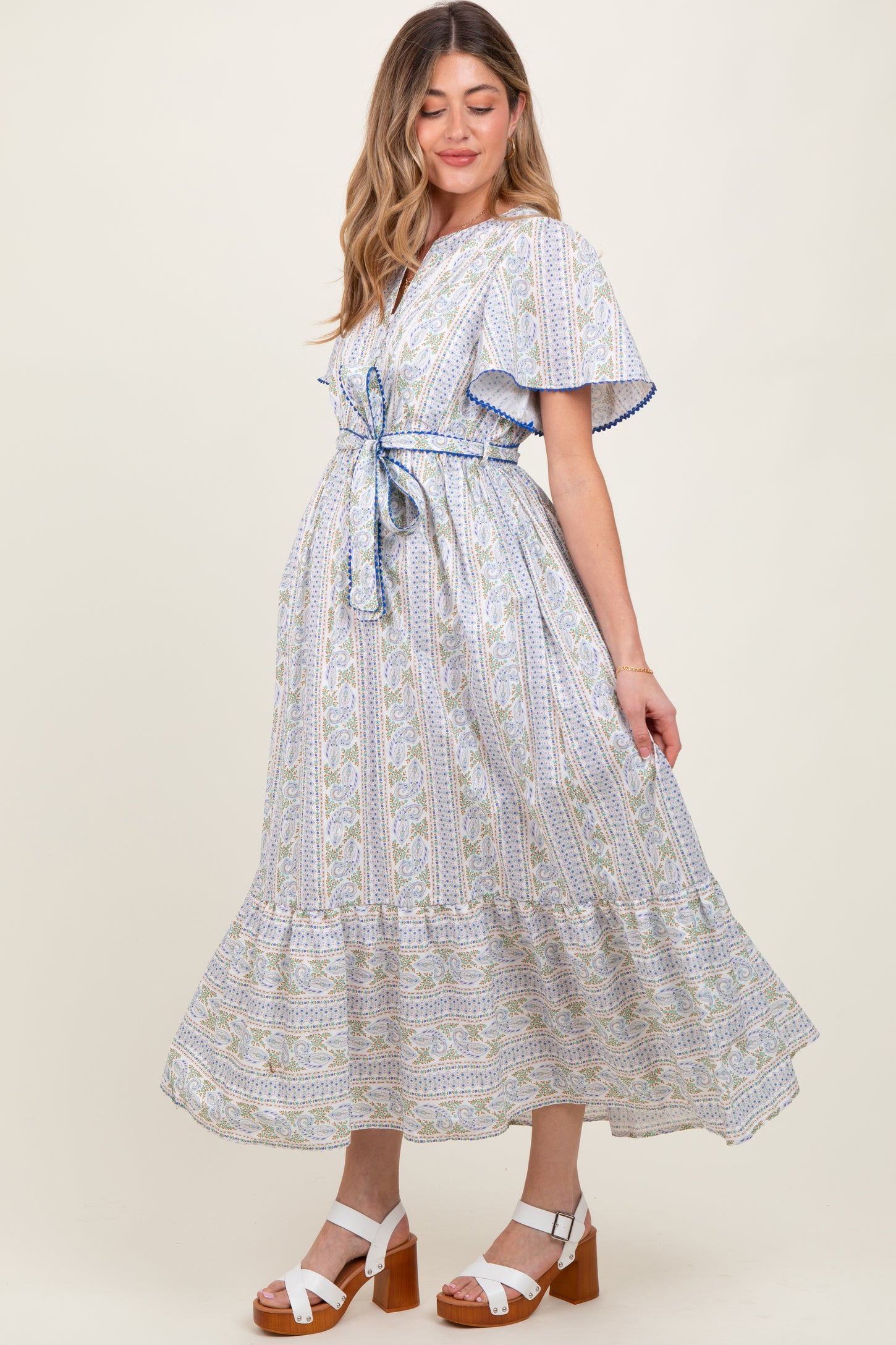 Blue Floral Flutter Sleeve Waist Tie Maternity Maxi Dress