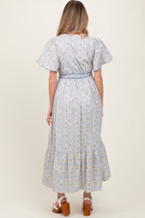 Blue Floral Flutter Sleeve Waist Tie Maternity Maxi Dress
