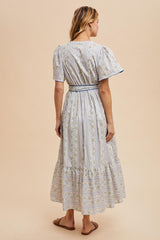 Blue Floral Flutter Sleeve Waist Tie Maxi Dress