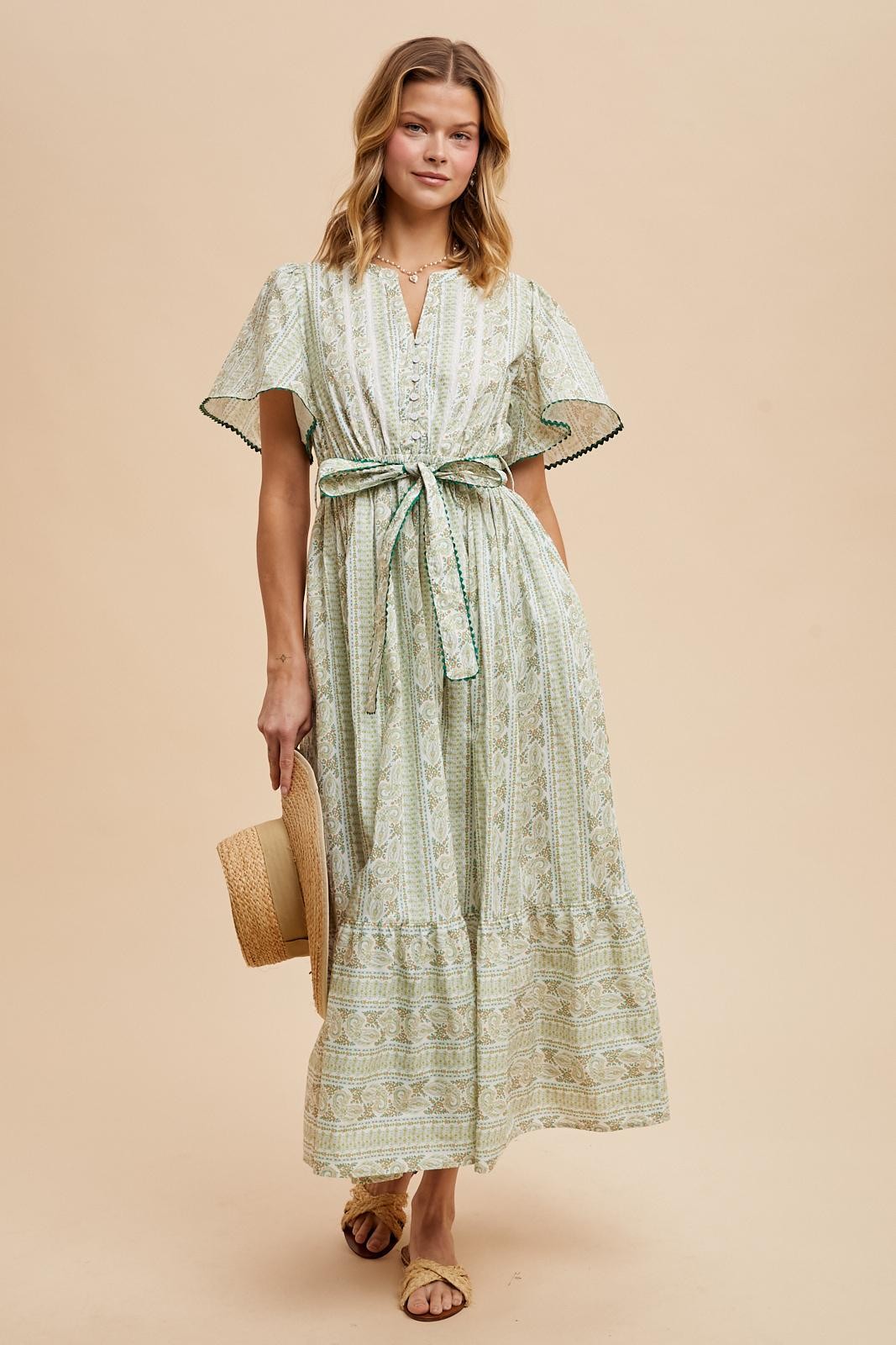 Green Floral Flutter Sleeve Waist Tie Maxi Dress