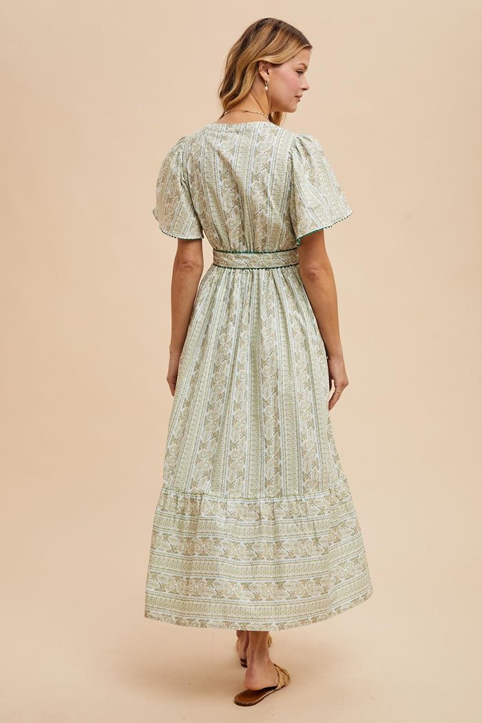 Green Floral Flutter Sleeve Waist Tie Maxi Dress