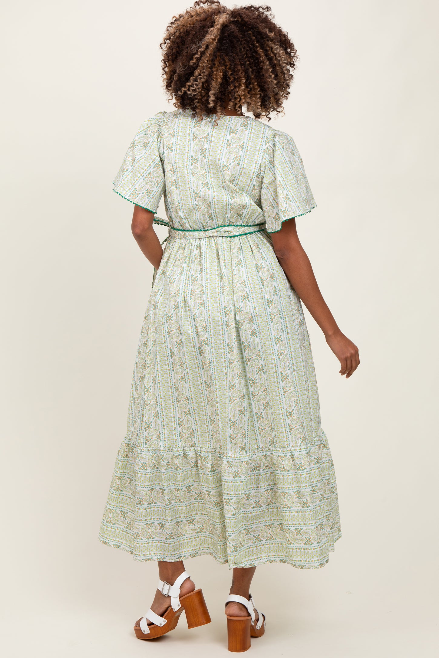 Green Floral Flutter Sleeve Waist Tie Maternity Maxi Dress