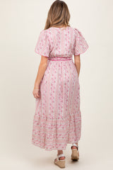 Magenta Floral Flutter Sleeve Waist Tie Maternity Maxi Dress