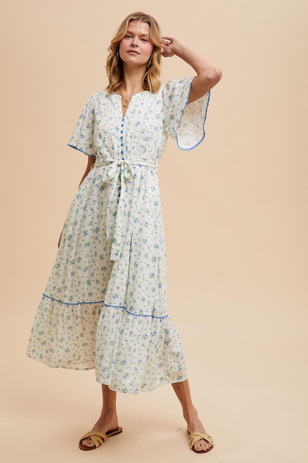 Ivory Floral Button Down Maternity Midi Dress