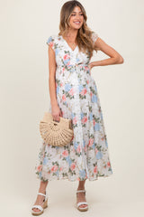 Ivory Garden Floral Lace Trim Button Down Maternity Midi Dress