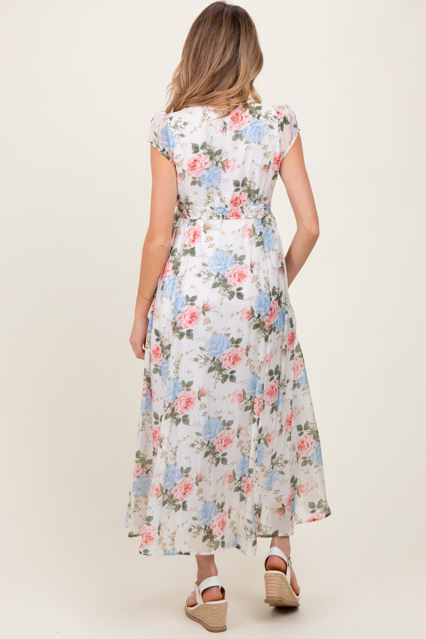 Ivory Garden Floral Lace Trim Button Down Maternity Midi Dress