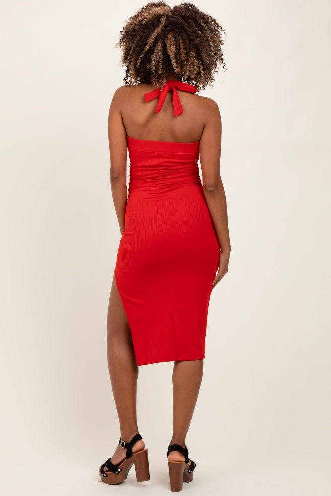 Red Halter Tied Criss-Cross Ribbed Maternity Midi Dress