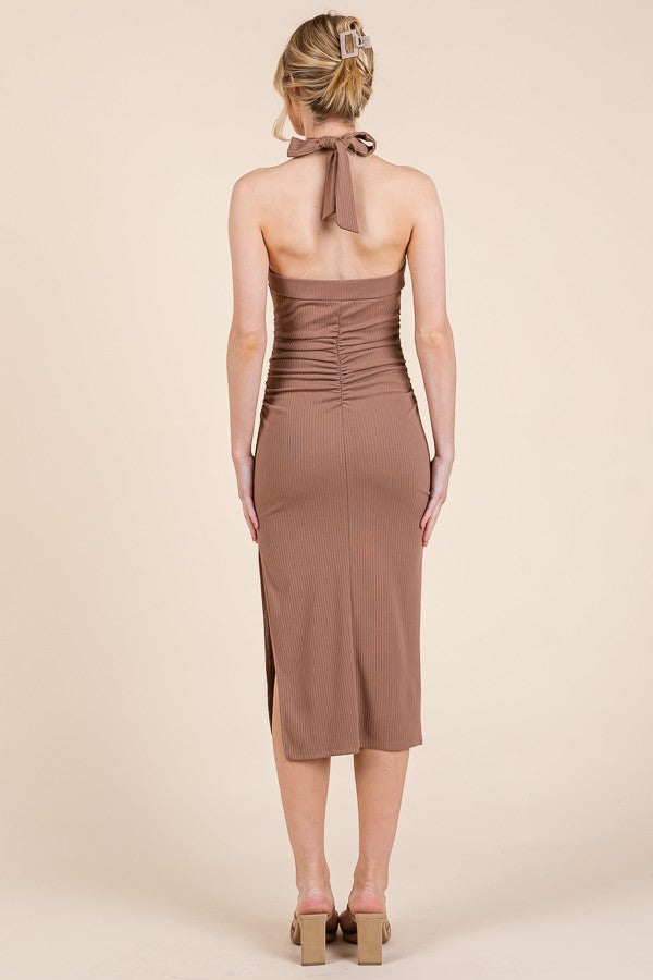 Mocha Halter Tied Criss-Cross Ribbed Midi Dress