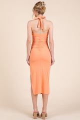 Peach Halter Tied Criss-Cross Ribbed Midi Dress