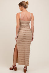Light Taupe Ruffle Tiered Fitted Maternity Maxi Dress