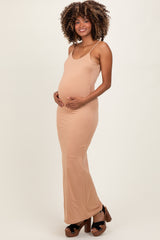Beige Backless Fishtail Sleeveless Maternity Maxi Dress