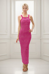Fuchsia Striped High Neck Ribbed Maxi Dress