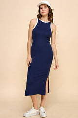 Navy/Soft White High Neck Ribbed Sleeveless Midi Dress