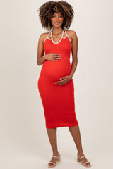 Red Contrast Trim Keyhole Cutout Maternity Midi Dress