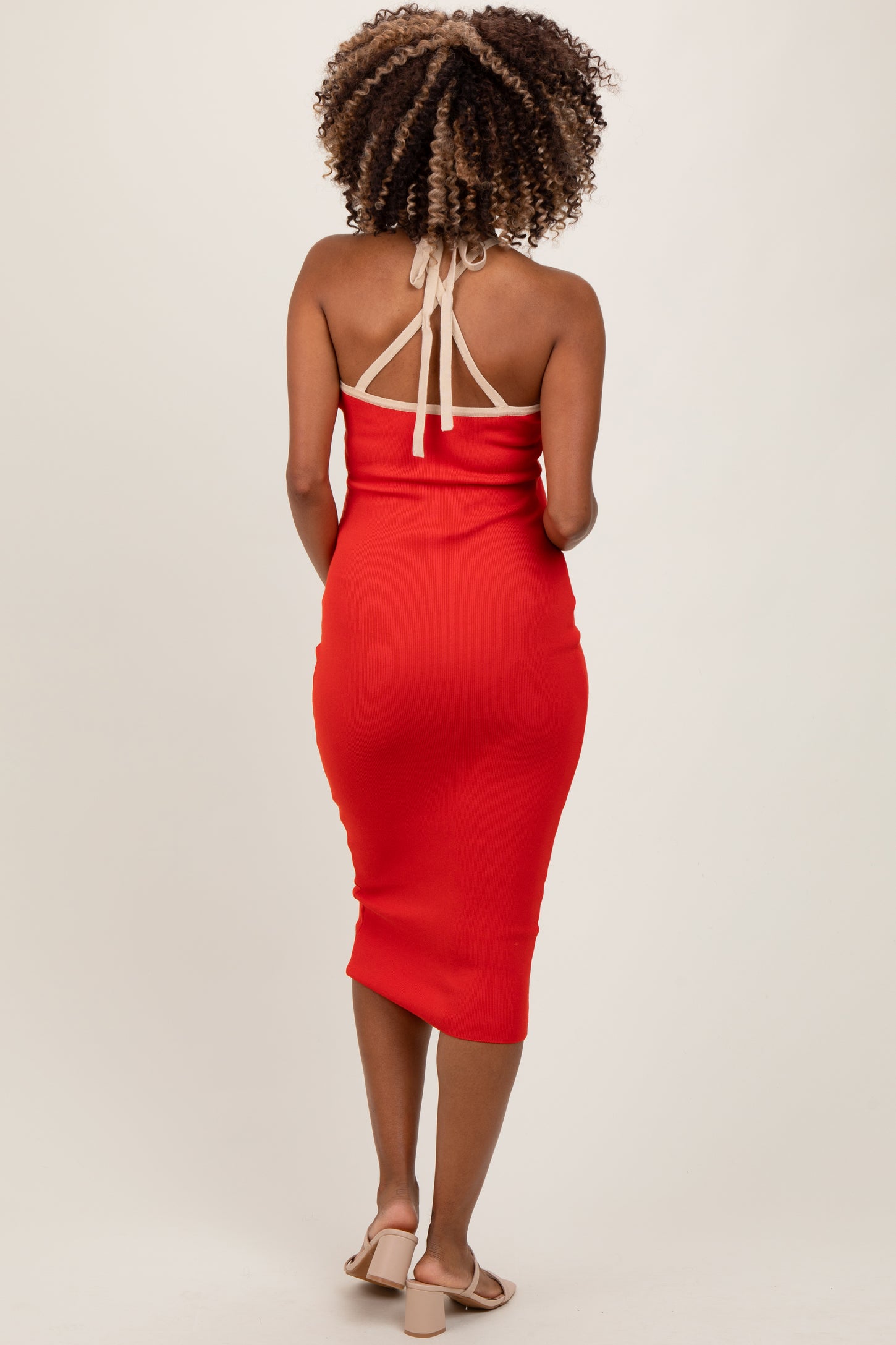 Red Contrast Trim Keyhole Cutout Maternity Midi Dress