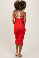 Red Contrast Trim Keyhole Cutout Maternity Midi Dress