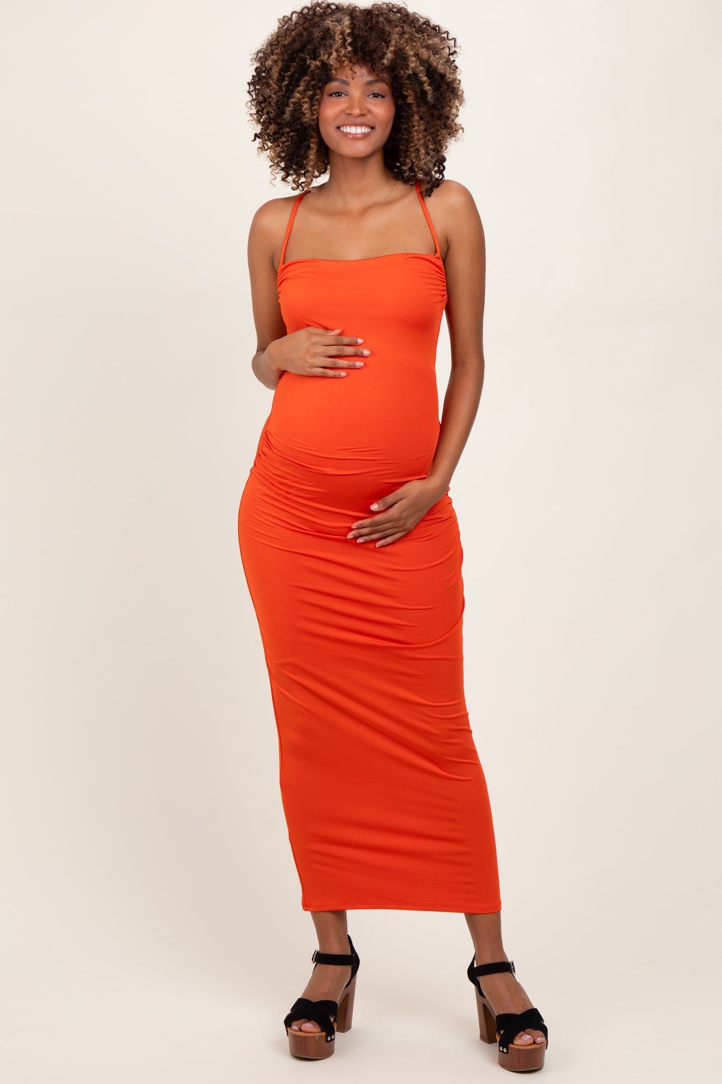 Orange Ruched Double Layered Maternity Maxi Dress PinkBlush Orange Ruched Double Layered Maternity Maxi Dress PinkBlush