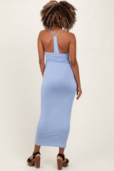 Light Blue Ruched Double Layered Maternity Maxi Dress