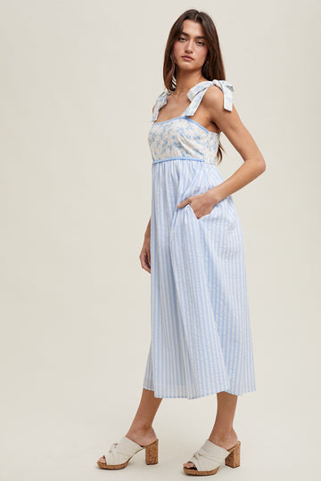 Light Blue Floral Contrast Stripe Shoulder Tie Midi Dress