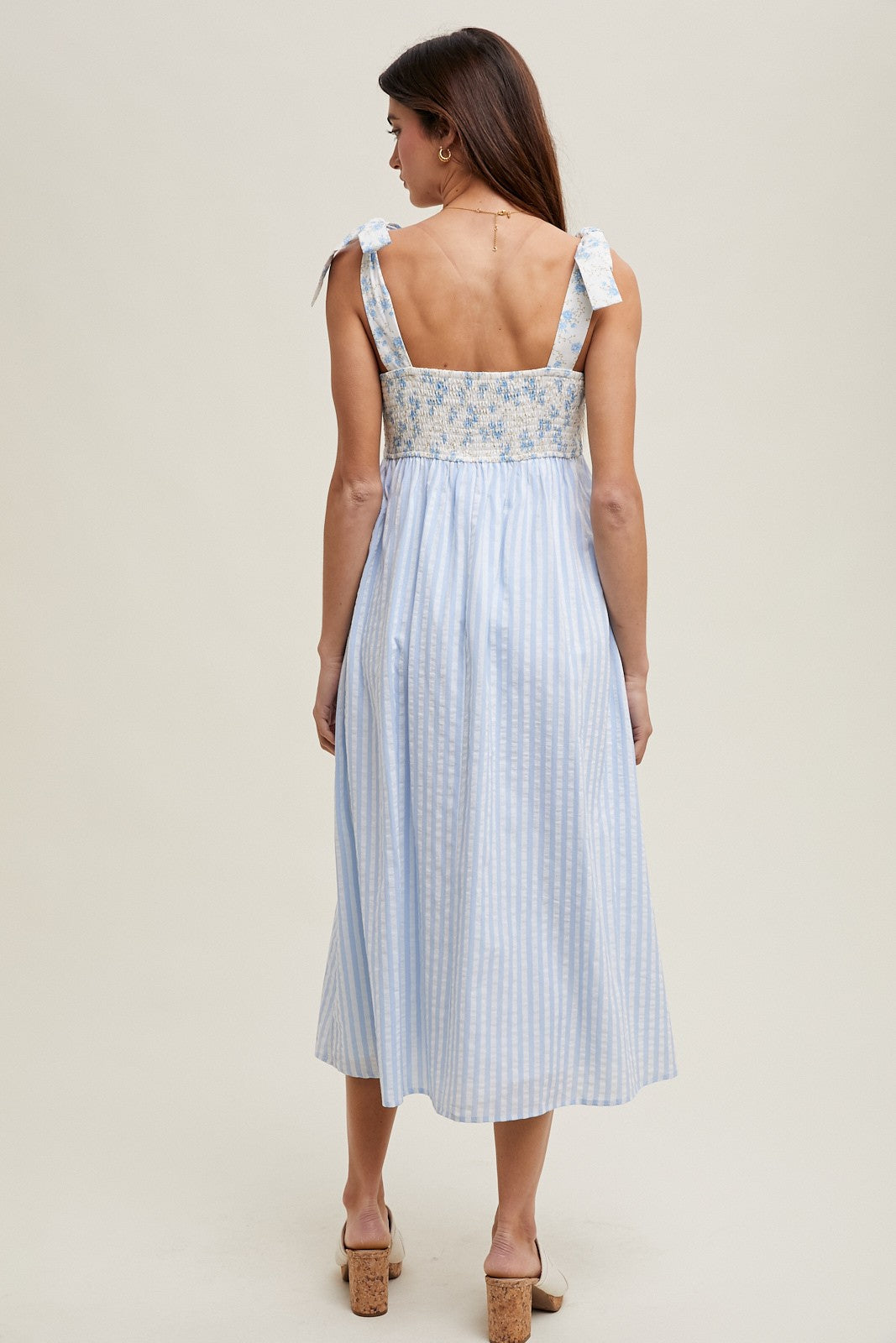 Light Blue Floral Contrast Stripe Shoulder Tie Midi Dress