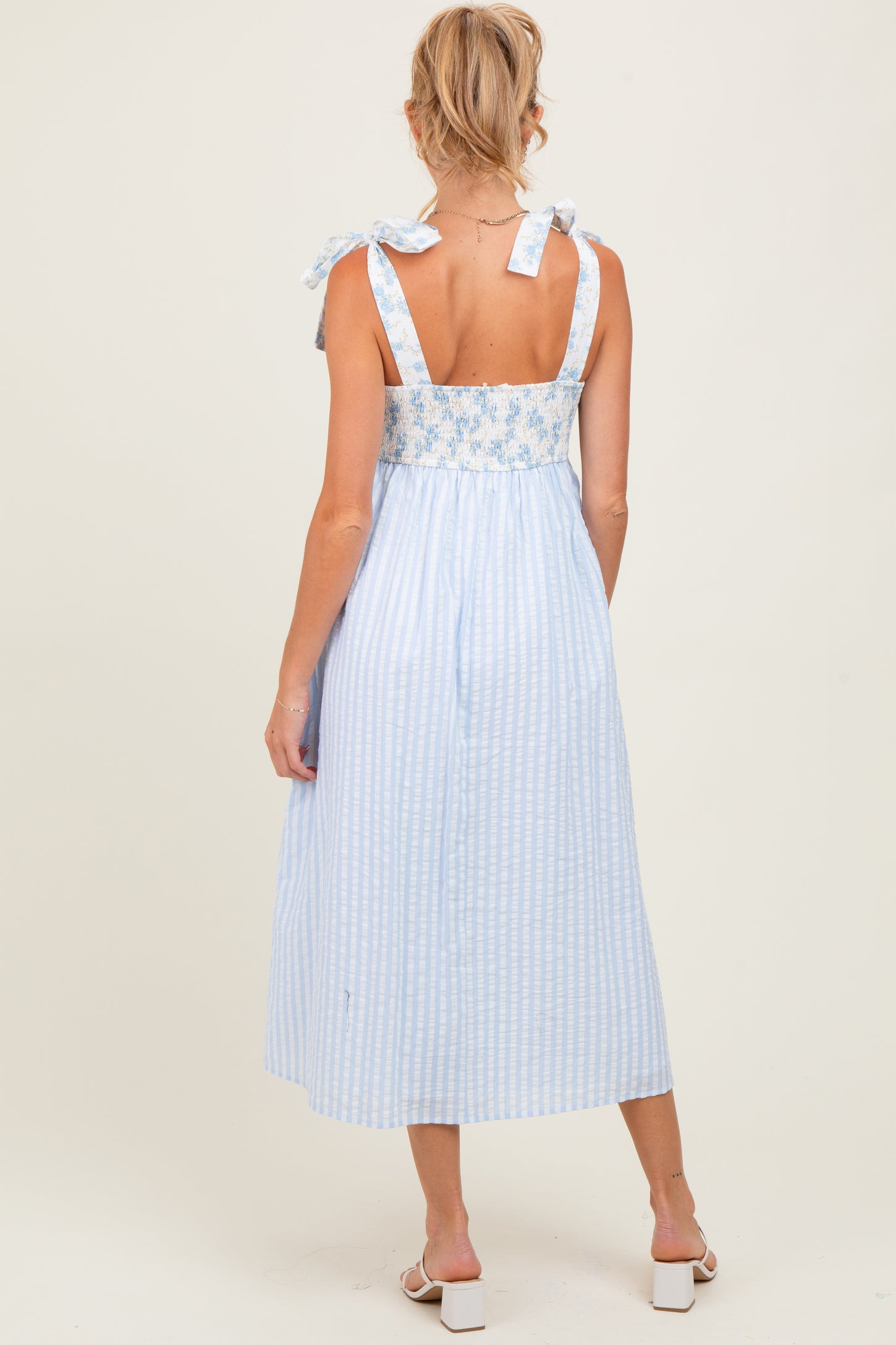 Light Blue Floral Contrast Stripe Shoulder Tie Maternity Midi Dress