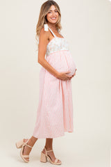 Peach Floral Contrast Stripe Shoulder Tie Maternity Midi Dress