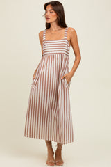 Mocha Striped Sleeveless Maternity Midi Dress