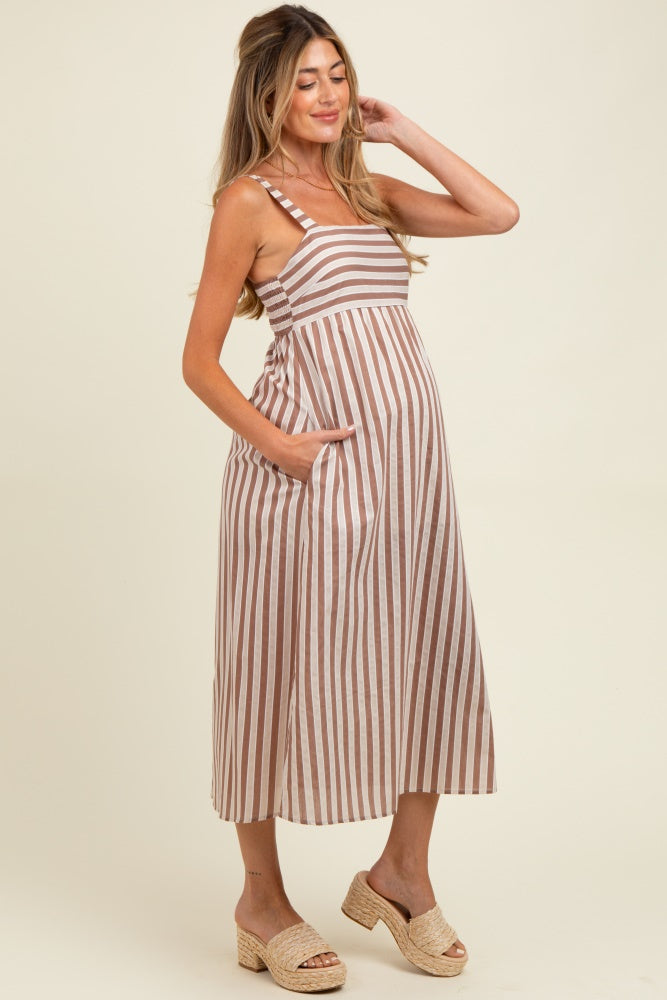 Mocha Striped Sleeveless Maternity Midi Dress