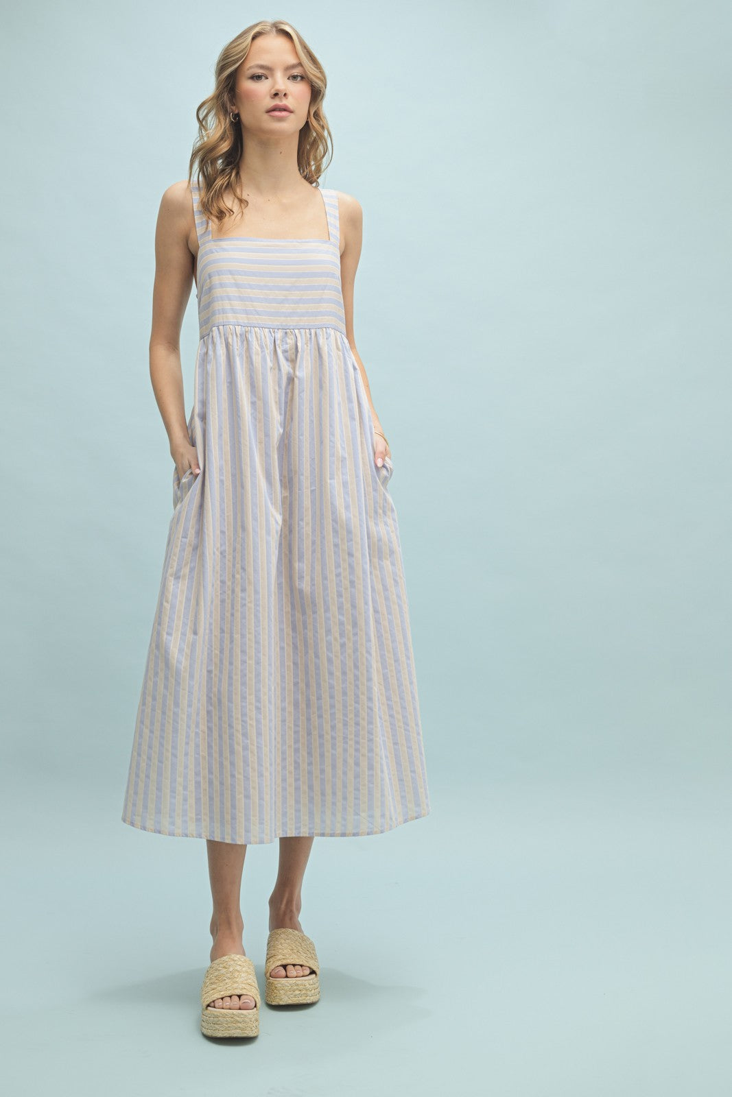 Blue Striped Sleeveless Midi Dress