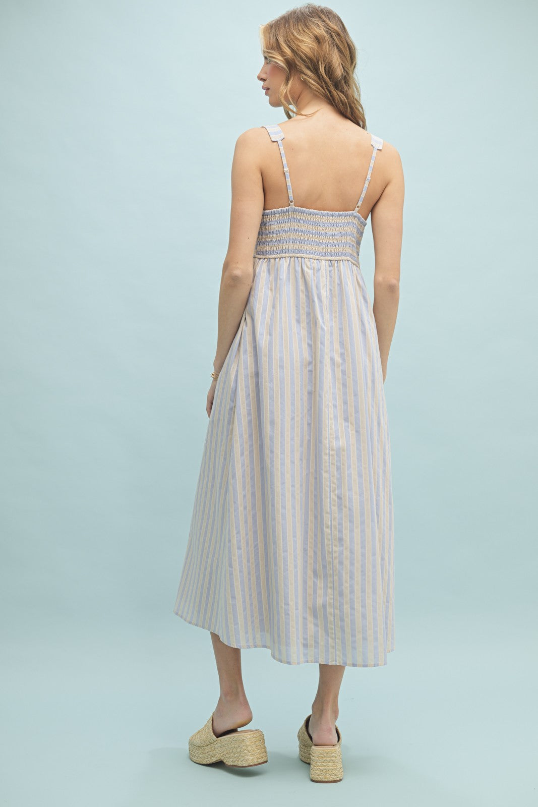Blue Striped Sleeveless Midi Dress