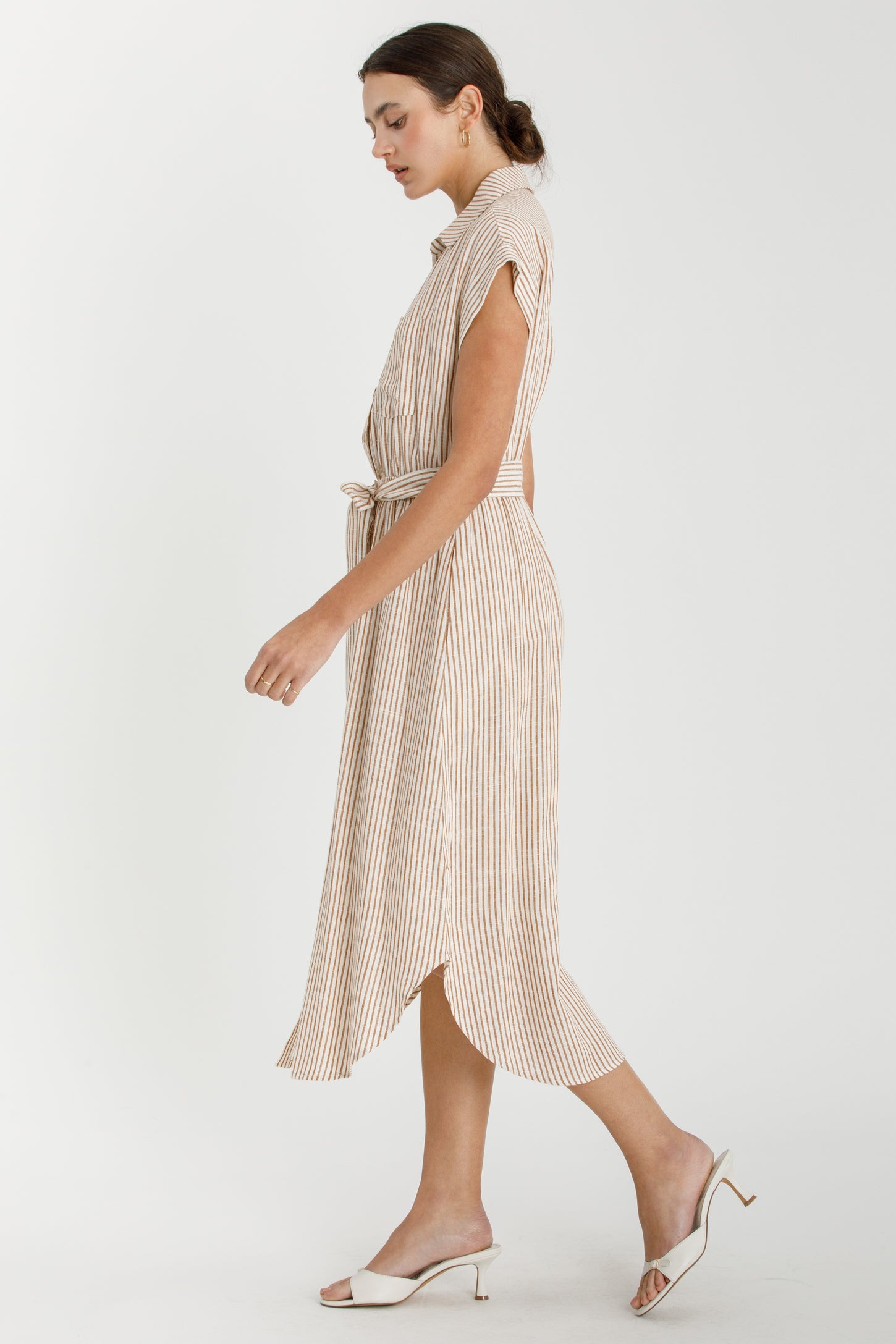 Brown Striped Sash Tie Midi Shirt Dress