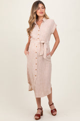 Brown Striped Sash Tie Maternity Midi Shirt Dress