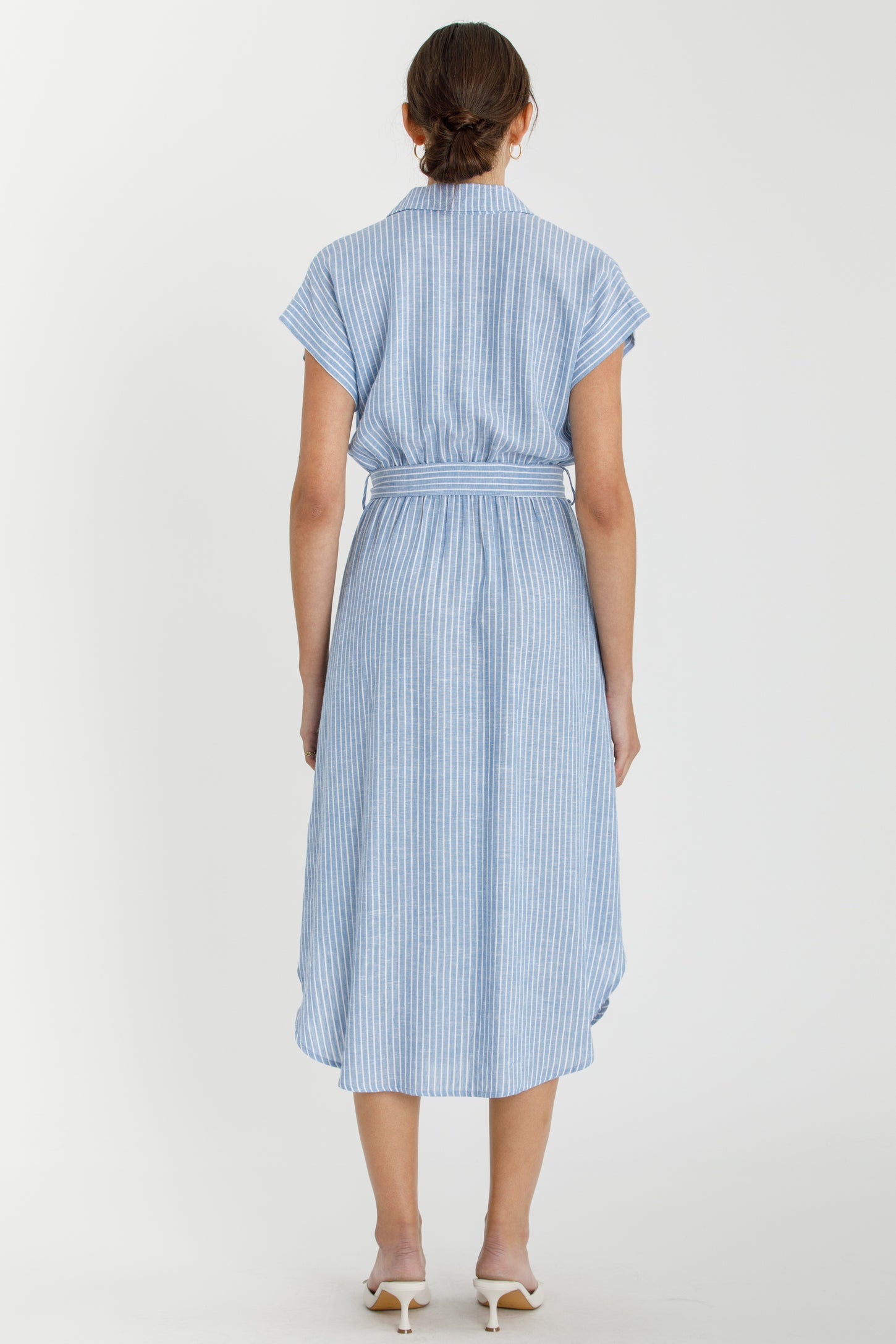 Blue Striped Sash Tie Midi Shirt Dress