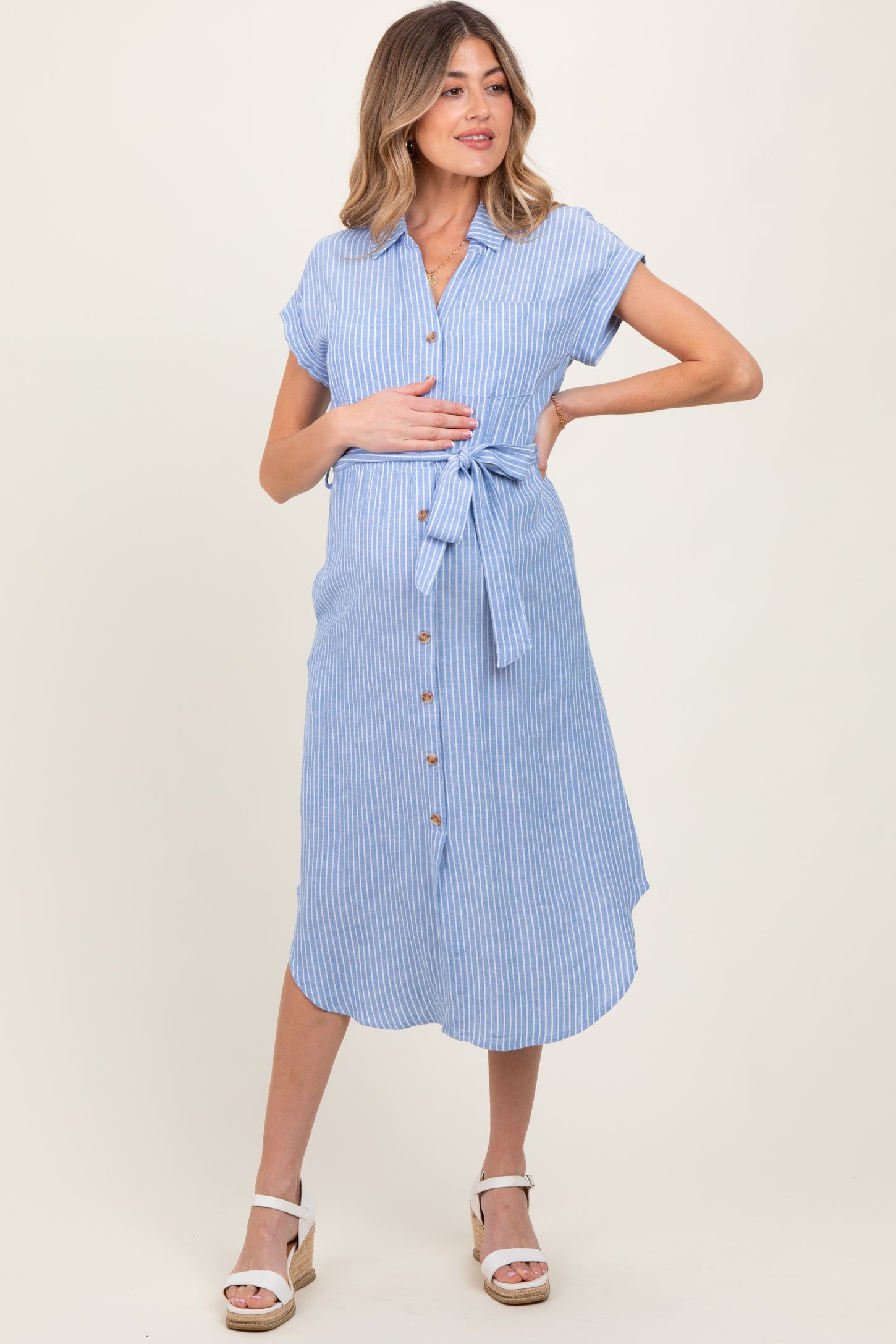 Blue Striped Sash Tie Maternity Midi Shirt Dress