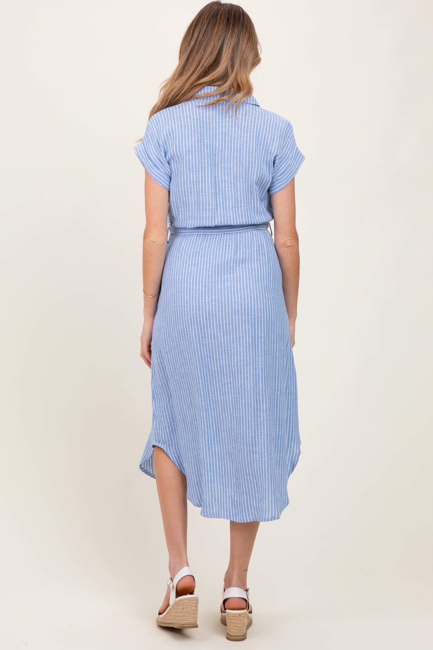 Blue Striped Sash Tie Maternity Midi Shirt Dress PinkBlush Blue Striped Sash Tie Maternity Midi Shirt Dress PinkBlush