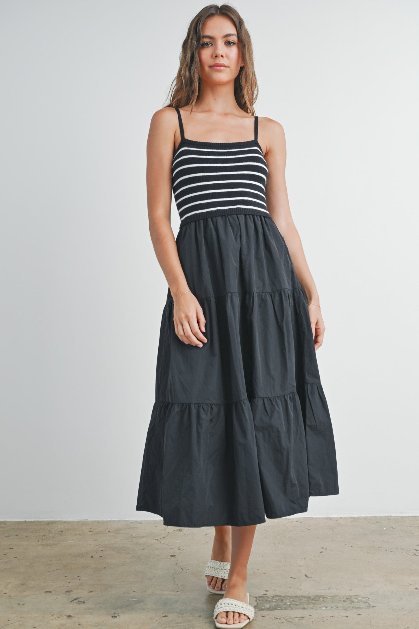 Black Striped Knit Top Tiered Midi Dress