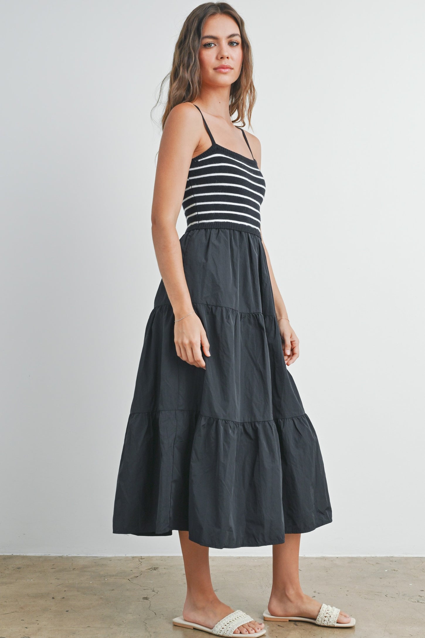 Black Striped Knit Top Tiered Midi Dress Black Striped Knit Top Tiered Midi Dress
