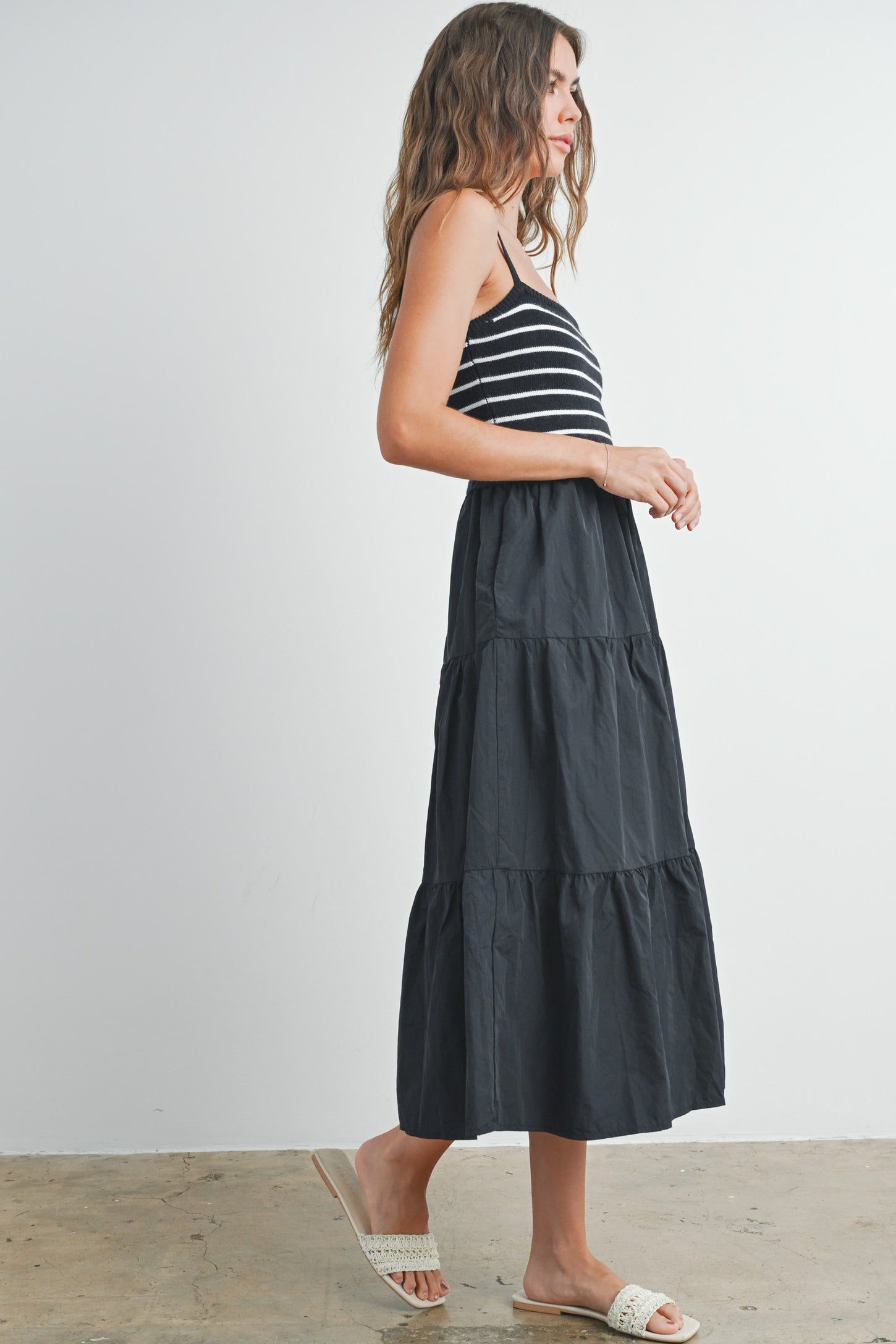 Black Striped Knit Top Tiered Midi Dress