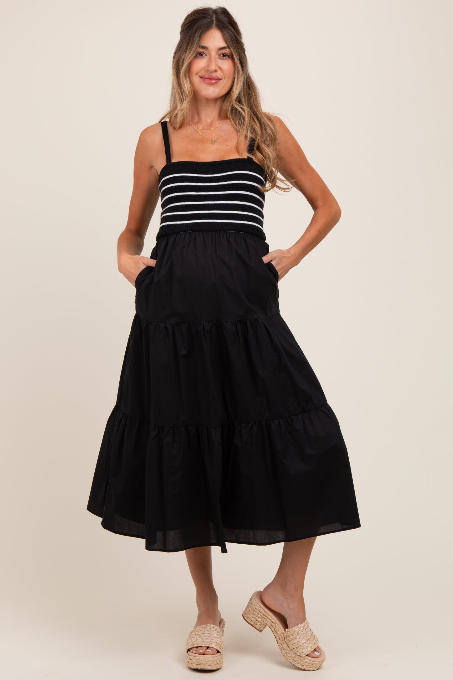 Black Striped Knit Top Tiered Maternity Midi Dress