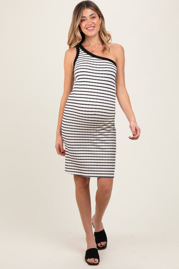 Cream/Black One Shoulder Striped Maternity Bodycon Knit Dress