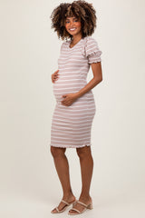 Taupe Striped Short Sleeve Maternity T-Shirt Dress